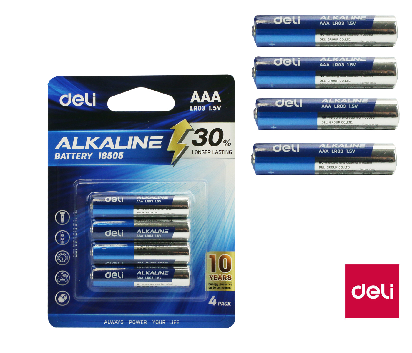 Baterie alkalická AAA mikrotužková LR03 4ks blistr DELI E18505